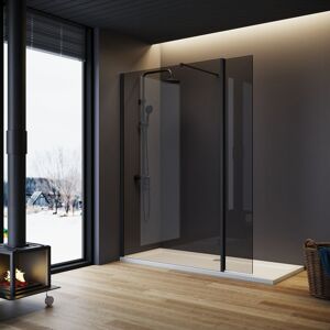 ELEGANT Grey Shower Door 900mm with Black Pivot Return Panel Walk in Glass Bathroom Shower Enclosure Include Support Bar + Shower Tray 1500x800mm + Free