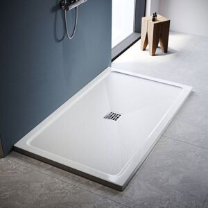 Modern Rectangular Shower Tray smc Slate Texture Non-slip Design Shower Enclosure Tray, Stainless Steel Cover, White 1500x900mm - Elegant