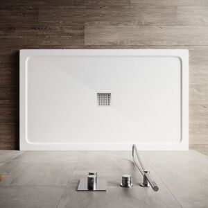 Elegant - Modern Rectangular Shower Tray smc Slate Texture Non-slip Design Shower Enclosure Tray, Stainless Steel Cover, White 1500x900mm + Free