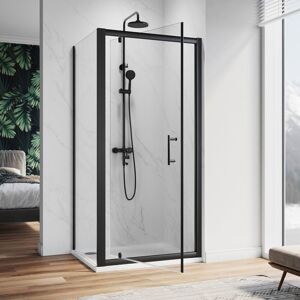 Pivot Hinge Shower Enclosure Black Frame Cubicle 6mm Glass Screen Shower Door 1000mm + Side Panel 800mm with Shower Tray, Riser Kit - Elegant
