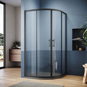 ELEGANT Quadrant Shower Enclosure Black Frame Sliding Cubicle Door 6mm Tempered Glass 800 x 800 mm with Grey Tray + Waste Tray (Black)
