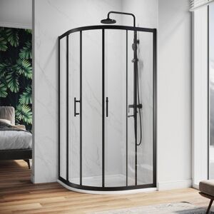 Quadrant Shower Enclosure Black Frame Sliding Cubicle Door 6mm Tempered Glass 900 x 900 mm with White Tray + Waste Tray (Black) - Elegant