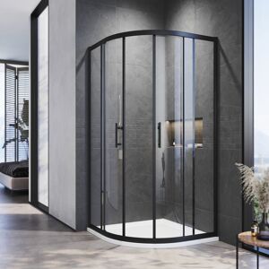 Quadrant Shower Enclosure Black Frame Sliding Cubicle Door 6mm Tempered Glass 900 x 900 mm with White Tray + Waste Tray (Chrome) - Elegant