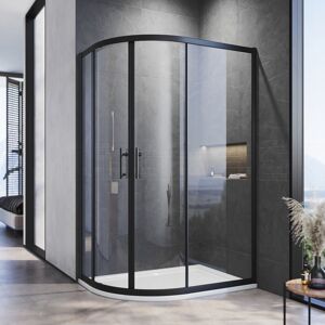 ELEGANT Quadrant Shower Enclosure Black Frame Sliding Cubicle Door (Left Offset) 6mm Tempered Glass 800 x 1200 mm with White Tray + Waste Tray (Chrome)