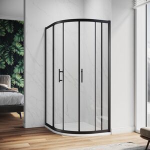 ELEGANT Quadrant Shower Enclosure Black Frame Sliding Cubicle Door (Right Offset) 6mm Tempered Glass 800 x 1200 mm with White Tray + Waste Tray (Chrome)