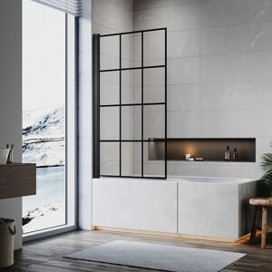 Elegant - Shower Bath Screen 800x1400mm Framed Black Square Grid Reversible 5mm Toughened Safety Glass 180 Degree Pivot, Matt Black