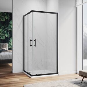 ELEGANT Sliding Corner Entry Shower Enclosure 6mm Tempered Glass 900x900mm Black Aluminium Frame with SMC Tray + Waste Trap