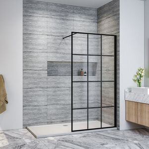 ELEGANT Walk in Shower Door Wet Room Reversible Shower Screen Panel 8mm Safety Glass Matte Black Walkin Shower Door 900mm with 1700x800mm Anti-Slip Resin