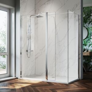 ELEGANT Walk in Shower Enclosure 8mm Easy Clean Glass (700mm Shower Screens + 300mm Flipper Glass) with 1500x900mm smc Tray, Waste Trap + 900mm Side Panel