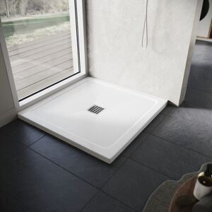 900x900mm Elegant Rectangle Shower Tray smc Anti-slip Shower Enclosure Base with Stainless Steel Drain Cover, White
