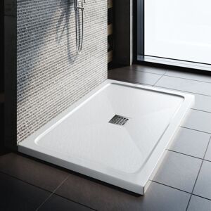 1200x900mm Elegant Rectangle Shower Tray smc Anti-slip Shower Enclosure Base with Stainless Steel Drain Cover, White + Free Waste Trap