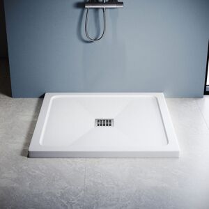 900x900mm Elegant Rectangle Shower Tray smc Anti-slip Shower Enclosure Base with Stainless Steel Drain Cover, White + Free Waste Trap