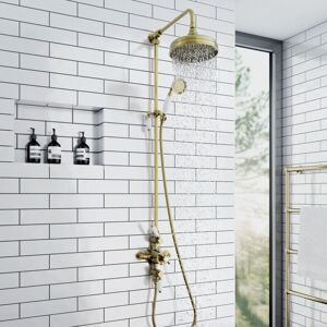 Enki - Downton SH0630 Shower Set with 2 Shower Head Outlets Triple Thermostatic Shower Valve Bronze & White Shower Tap Attachment