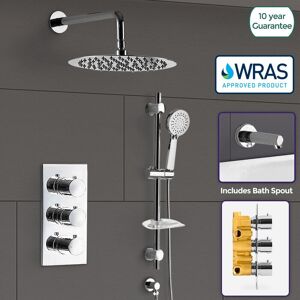Nes Home - Flora Chrome Round 3 Way Concealed Thermostatic Shower Mixer Set - Slider Rail, Shower Head, Handset & Bath Filler Spout