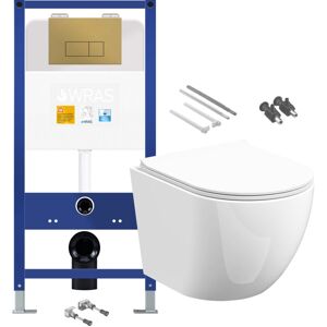 FNX BATHROOMS Gloss White Rimless D Shape Wall Hung Toilet with 1.10m Concealed Cistern Frame Set - Brushed Gold Plate