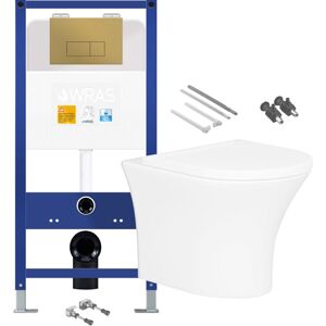 FNX BATHROOMS Gloss White Rimless D Shape Wall Hung Toilet with 1.10m Concealed Cistern Frame Set - Brushed Gold Plate