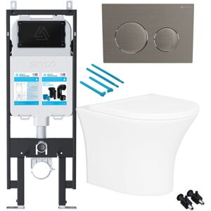 FNX BATHROOMS Gloss White Rimless D Shape Wall Hung Toilet with 1.14m Concealed Cistern Frame Set - Brushed Nickel Plate