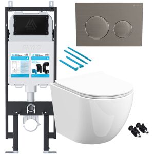 FNX BATHROOMS Gloss White Rimless D Shape Wall Hung Toilet with 1.14m Concealed Cistern Frame Set - Brushed Nickel Plate