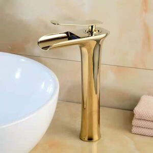 Tonchean - Gold Waterfall Basin Mixer Tap, Copper, Hot and Cold Sink Faucet, Waterfall Spout, Single Handle, Single Hole Bathroom Sink Faucet, High