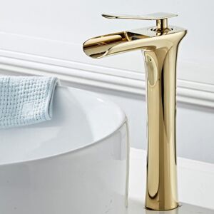 Tonchean - Gold Waterfall Bathroom Sink Faucet, Solid Brass, Hot and Cold Water Basin Mixer Tap, Single Handle Waterfall Bathroom Sink Faucet, High