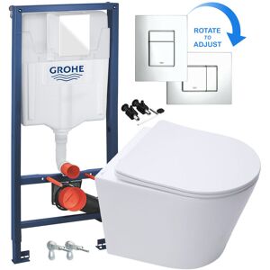 Rimless eco Wall Hung Toilet Pan, Seat & Grohe 38772001 Rapid 1.13m sl 3-in-1 wc Cistern Frame inc. Plate