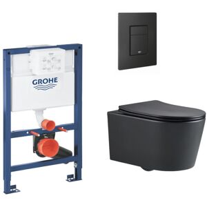 Rapid sl Low height Frame + sat Rimless wall hung toilet + soft close seat + Black flush plate (RapidSL-BlackSAT-82-KF0) - Grohe