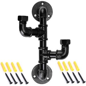 Linghhang - Heavy Duty Metal Pipe Coat Rack with 2 Hooks Vintage Industrial Style Wall Mounted Black Galvanized Finish