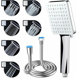 DEWDAT High Pressure Shower Head with 1.5m Hose Water Saving Shower Head with 6 Adjustable Shower Modes Universal Large Shower Head, Square Chrome Chrome