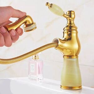 SHUNLI Jade pull-out faucet, single-hole bathtub faucet, basin mixer tap, countertop-mounted cold/hot water basin faucet (color: gold)
