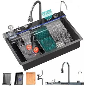 Suguword - Kitchen Sink Set Multifunctional Waterfall Sink with Drainer,Grey Stainless Steel Nano Home Workstation Sink with led Digital Display, Cup