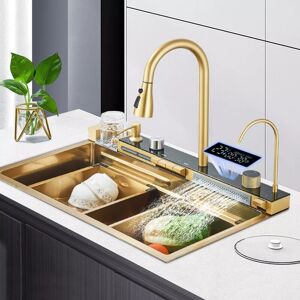 SUGUWORD Kitchen Sink Set Multifunctional Waterfall Sink with led Digital Display, Brushed gold Stainless Steel Nano Home Workstation Sink with