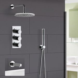 Nes Home - Lilly 3 Dial 3 Way Round Concealed Thermostatic Mixer Valve, Bath Spout, Slim Round Handset & Round Shower Head Chrome