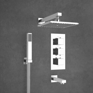 Nes Home - Lilly 3 Dial 3 Way Square Concealed Thermostatic Mixer Valve, Square Handset, Bath Filler & Square Shower Head Chrome