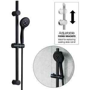 BUYAPARCEL Matt Black Shower Riser Rail Kit Round Adjustable + 3 Mode Shower Head + Hose