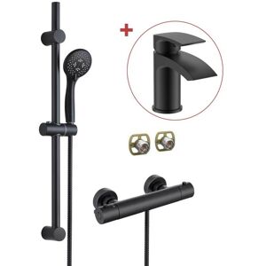 BUYAPARCEL Matt Black Thermostatic Round Bar Mixer Shower Valve + Riser + Fast Fit Kit +Tap
