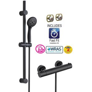 BUYAPARCEL Matt Black Thermostatic Round Bar Mixer Shower Valve + Riser Kit + Fast Fit Kit