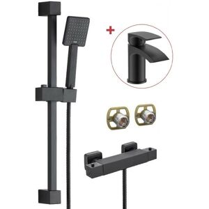 BUYAPARCEL Matt Black Thermostatic Square Bar Mixer Shower + Riser Kit + Fast Fit Kit + Tap