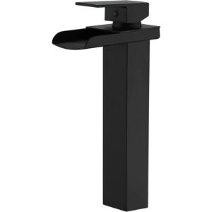 Ikodm - Matte Black Bathroom Sink Faucet with Waterfall Spout and Supply Hose, Single Handle Single Hole Mixer Tap, Tall Commercial Style Angled