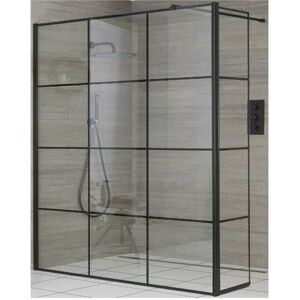 Milano Barq - 1000mm Black Recessed Walk In Wet Room Shower Enclosure with Grid Pattern Screen Hinged Return Panel and Support Arm - 250mm Stainless Steel