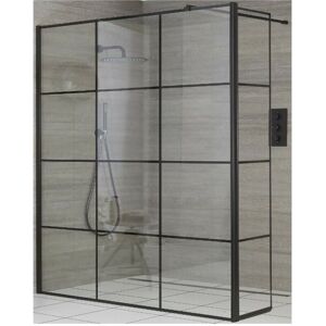 Milano Barq - 800mm Black Recessed Walk In Wet Room Shower Enclosure with Grid Pattern Screen Hinged Return Panel and Support Arm - 200mm Square Stainless