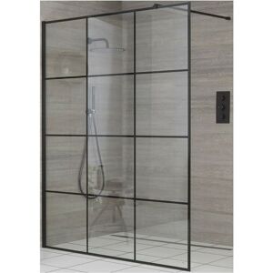 Milano Barq 800mm Black Recessed Walk In Wet Room Shower Enclosure with Grid Pattern Screen and Support Arm - 800mm Stainless Steel Tile Insert Drain