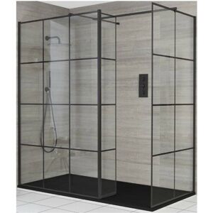 Milano Barq - Black Corner Walk In Wet Room Shower Enclosure with Grid Pattern Screens Hinged Return Panel Support Arms and Graphite Slate Effect Tray