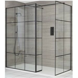 Milano Barq - Black Corner Walk In Wet Room Shower Enclosure with Grid Pattern Screens Hinged Return Panel Support Arms and White Slate Effect Tray - 1600mm