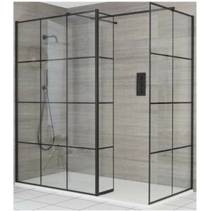 Milano Barq - Black Corner Walk In Wet Room Shower Enclosure with Grid Pattern Screens Hinged Return Panel Support Arms and White Slate Effect Tray - 1400mm