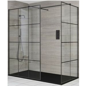 Barq - Black Corner Walk In Wet Room Shower Enclosure with Grid Pattern Screens Support Arms and Graphite Slate Effect Tray - 1500mm x 900mm - Milano