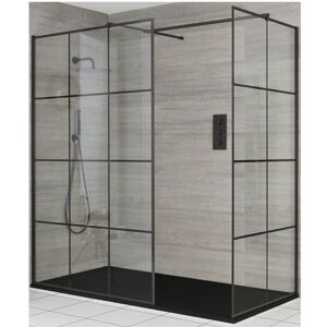 Barq - Black Corner Walk In Wet Room Shower Enclosure with Grid Pattern Screens Support Arms and Graphite Slate Effect Tray - 1200mm x 900mm - Milano