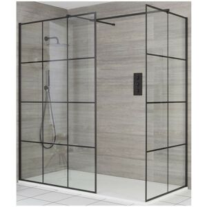 Barq - Black Corner Walk In Wet Room Shower Enclosure with Grid Pattern Screens Support Arms and White Slate Effect Tray - 1500mm x 900mm - Milano