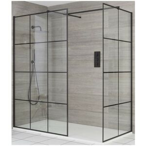 Barq - Black Corner Walk In Wet Room Shower Enclosure with Grid Pattern Screens Support Arms and White Slate Effect Tray - 1800mm x 900mm - Milano