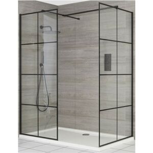 Barq - Corner Walk In Wet Room Shower Enclosure with Black Grid Pattern Screens Support Arms and White Tray - 1400mm x 700mm - Milano