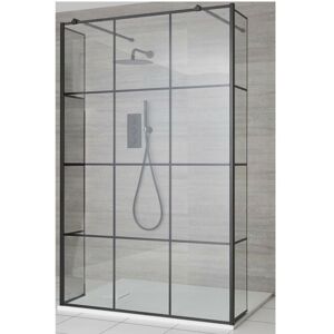 Milano Barq - Black Floating Glass Walk In Wet Room Shower Enclosure with Grid Pattern Screen Hinged Return Panels Support Arms and White Slate Effect Tray